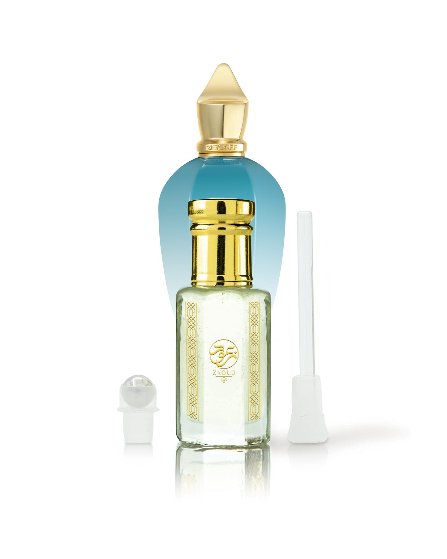 puravera perfume oil bottle shows roller ball and stick beside with xerjoff bottle behind against white background