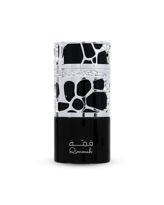 Qimmah for men edp by lattafa perfume bottle shows against white background