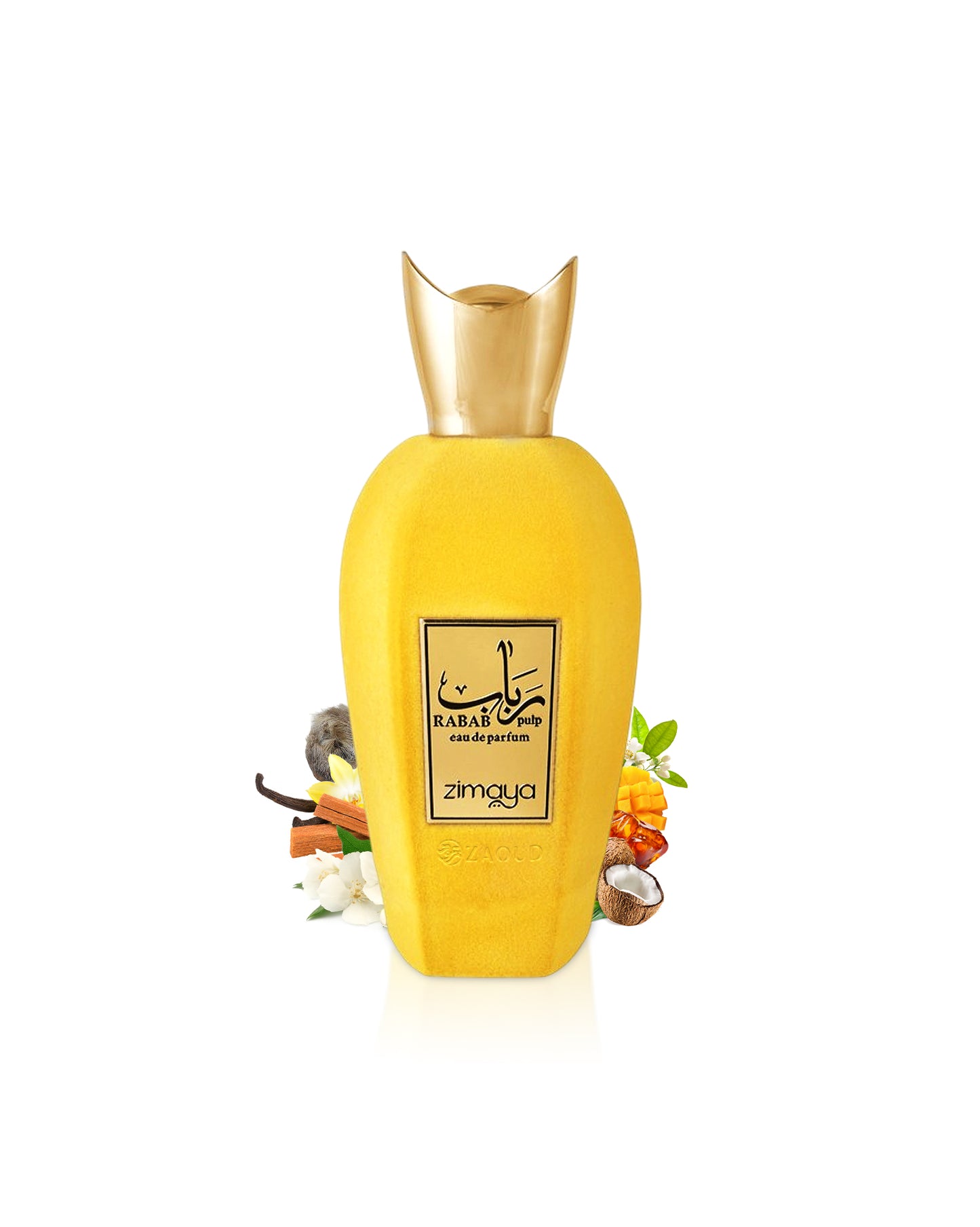 zimaya rabab pulp perfume bottle surrounded with fragrance notes like coconut and jasmine shows against white background