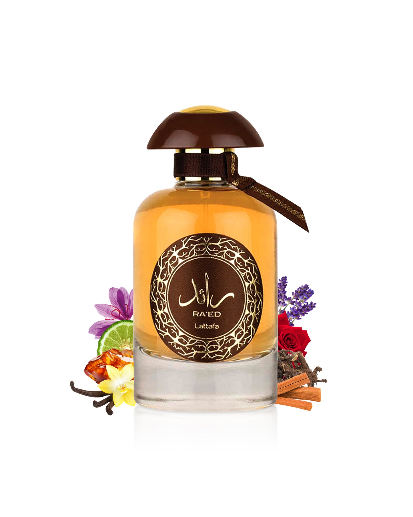raed oud by lattafa perfume bottle surrounded with its ingredients like rose and vanilla with many others shows from behind the bottle against white background