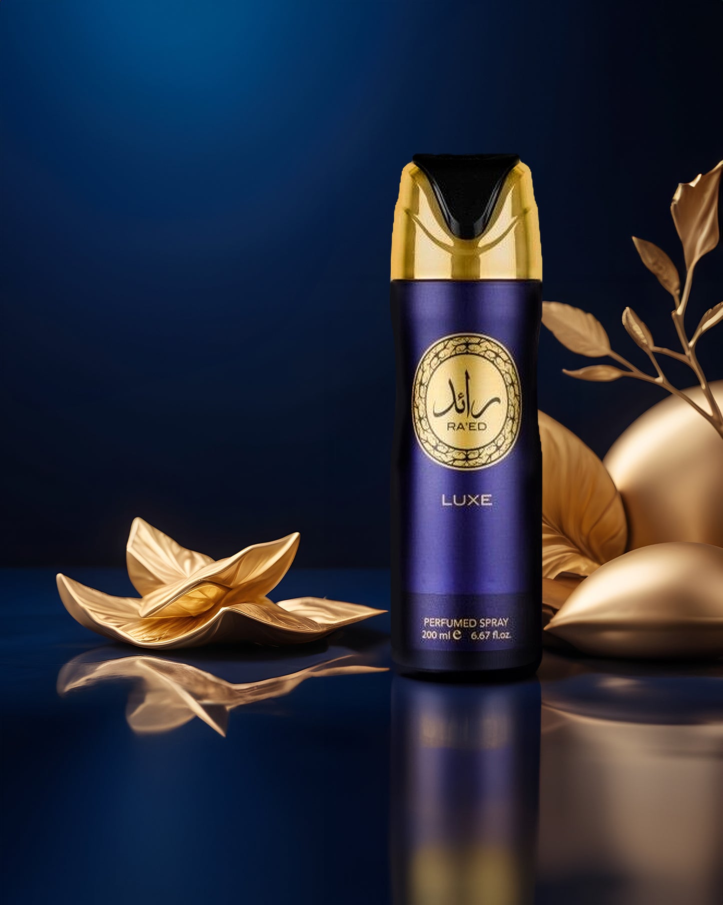 raed luxe Deodorant bottle photograph with golden leafs at background