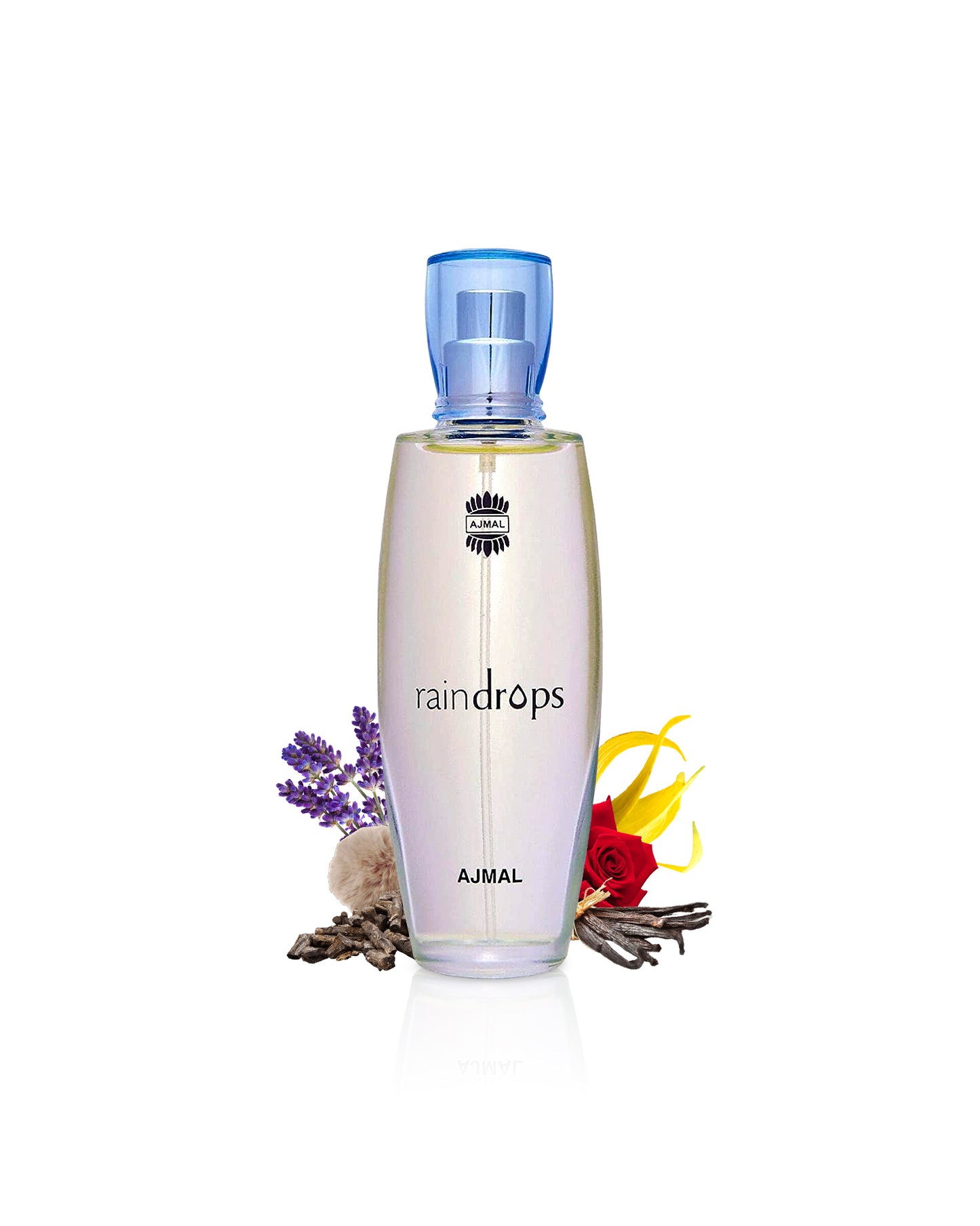 raindrops by ajmal perfumes bottle surrounded with its ingredients like rose and musk with many others shows from behind the bottle against white bckground