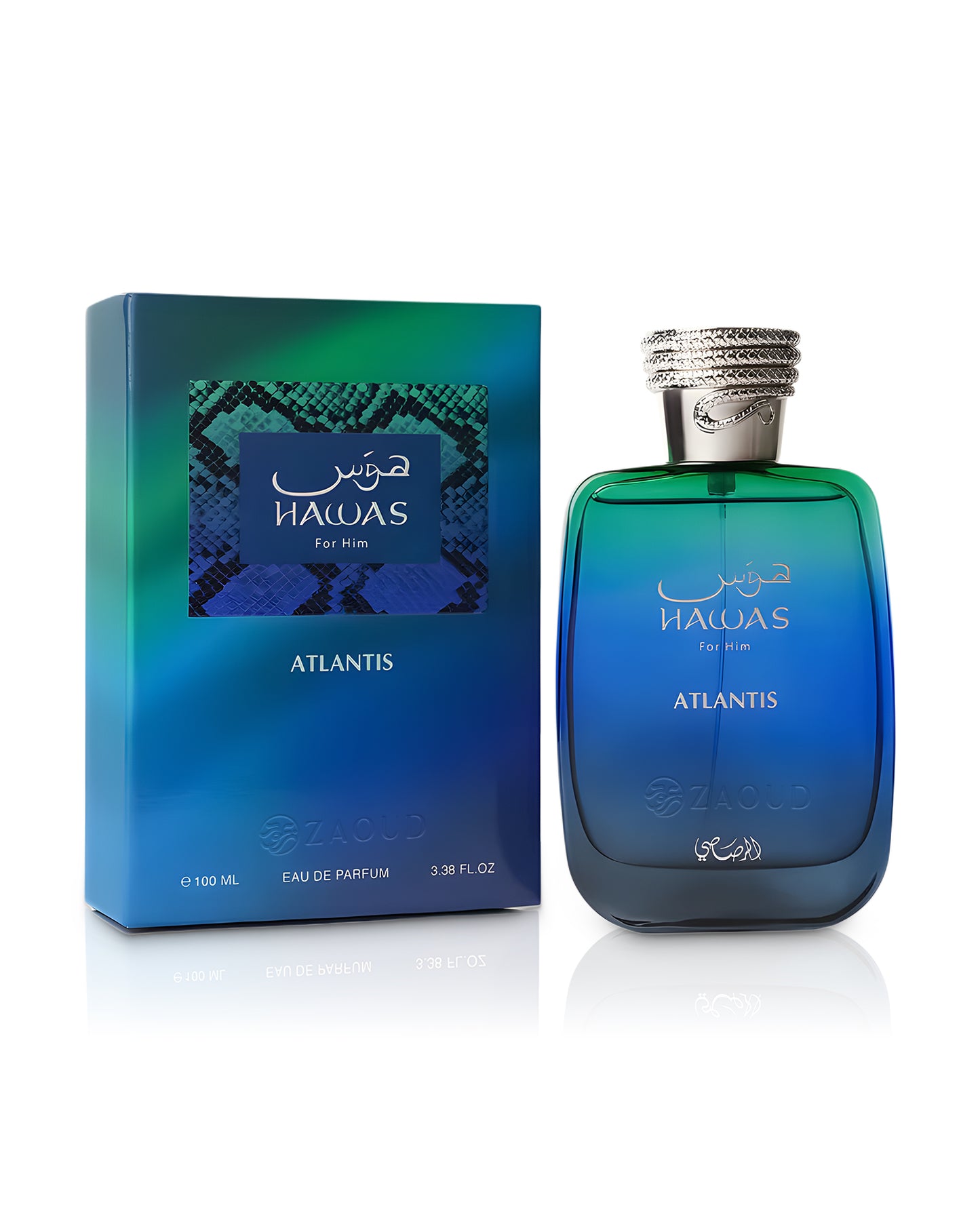 rasasi hawas atlantis perfume bottle shows beside its packaging against white background