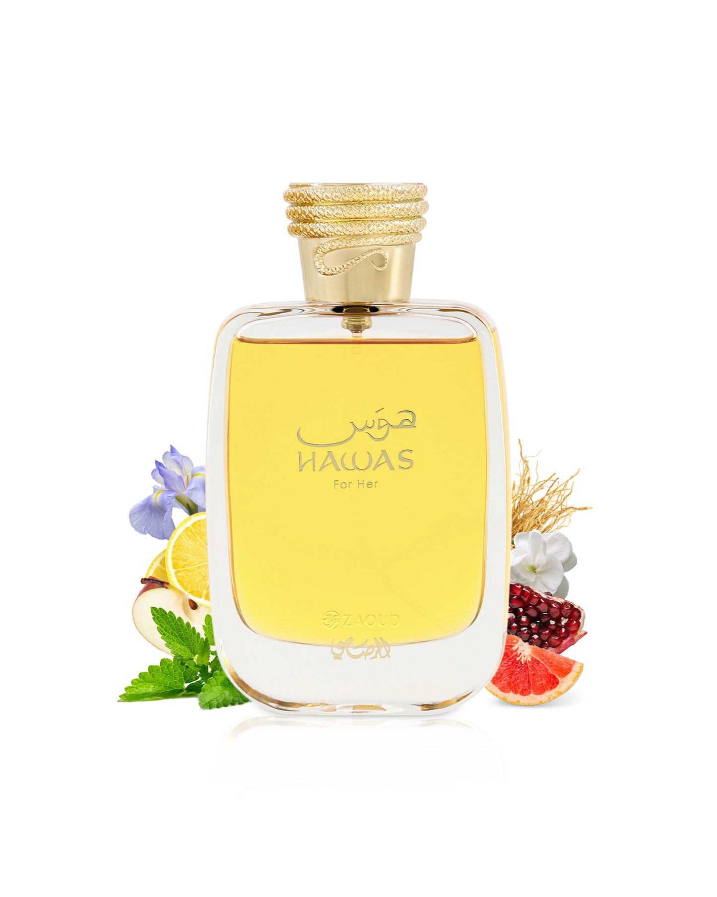 rasasi hawas for her Perfume bottle surrounded by apple and pomegrante with 'Hawas' branding on a white background