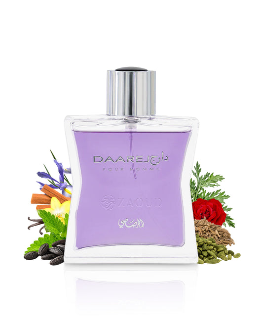 rasasi dareej pour homme perfume bottle surrounded with fragrance notes like spices and rose shows against white background