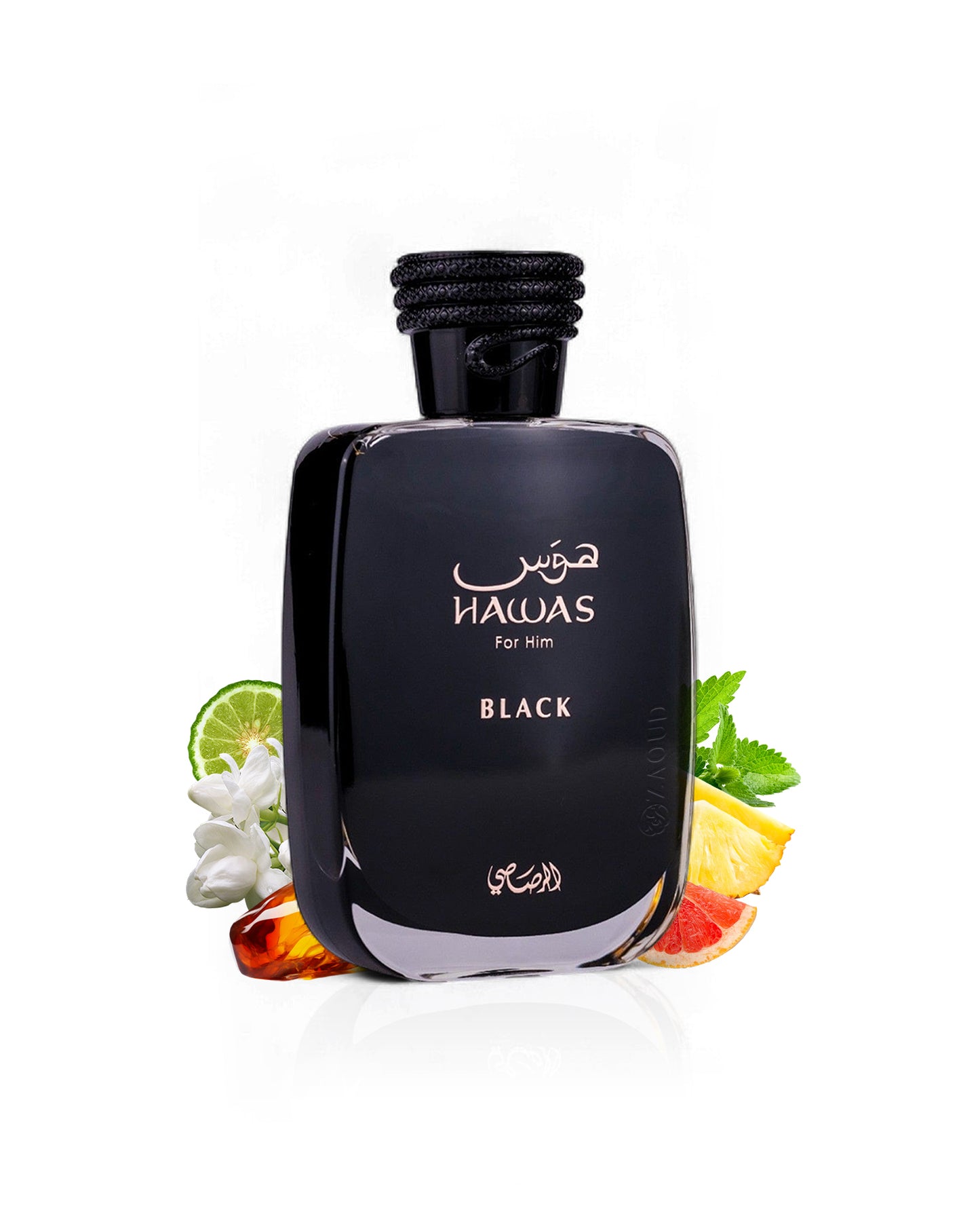 rasasi hawas black perfume bottle surrounded with fragrance notes like amber and ananas shows from behind the bottle against white background