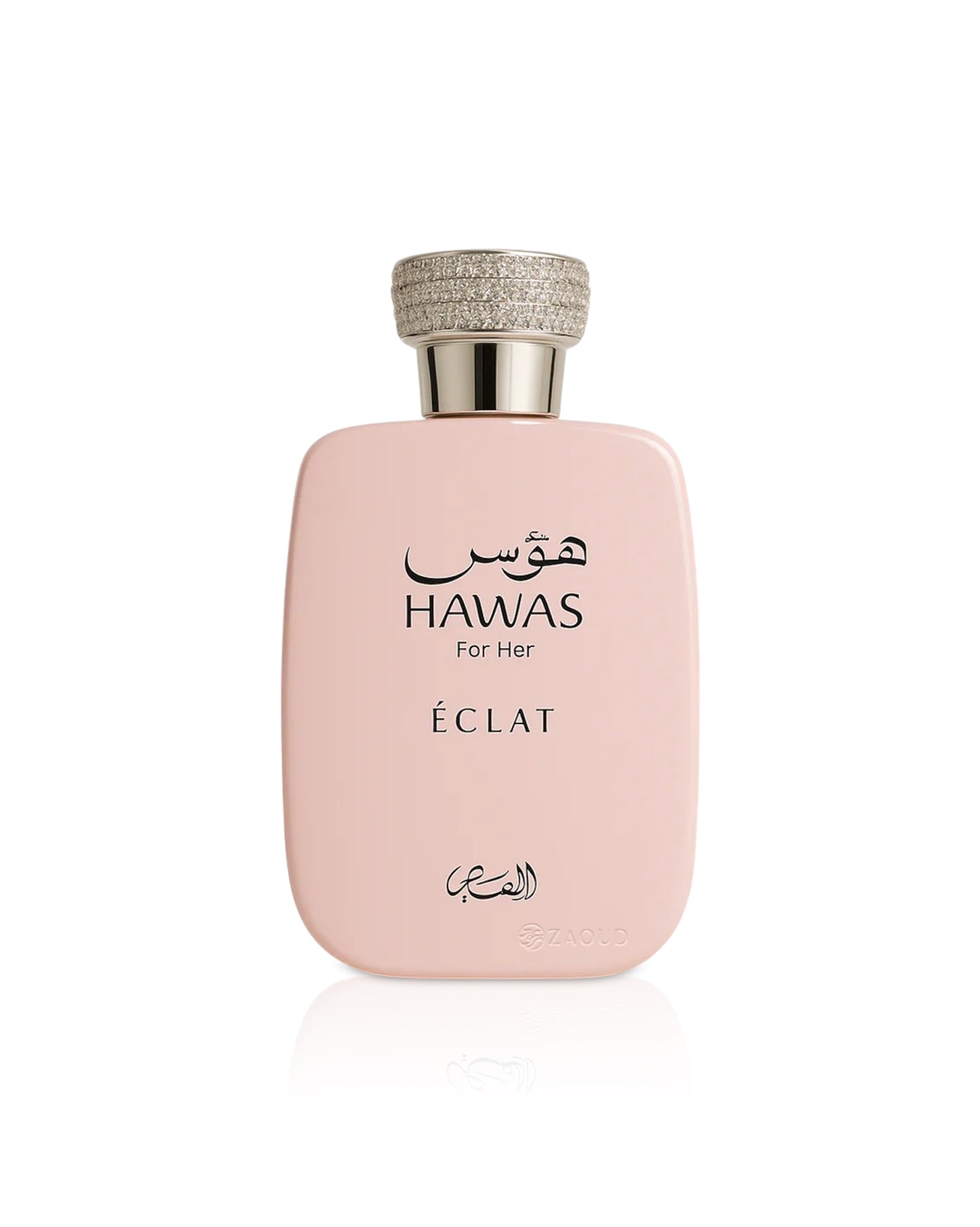 Pink perfume bottle labeled 'Hawas for Her Eclat' on a white background