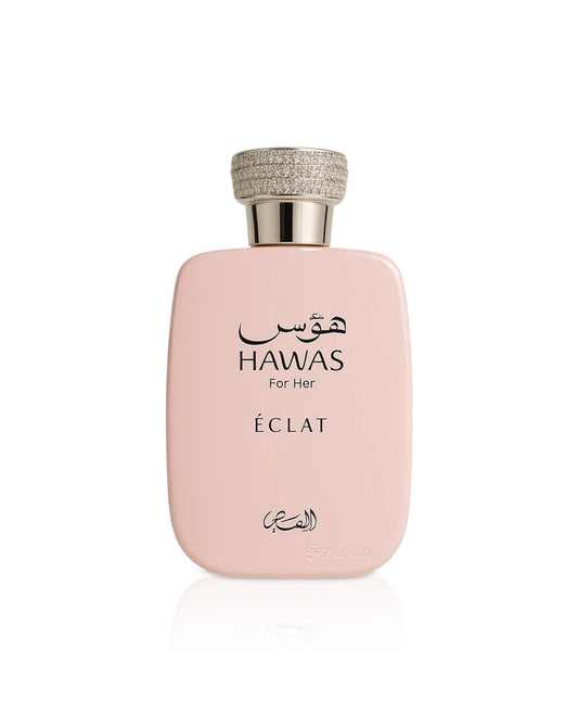 Pink perfume bottle labeled 'Hawas for Her Eclat' on a white background