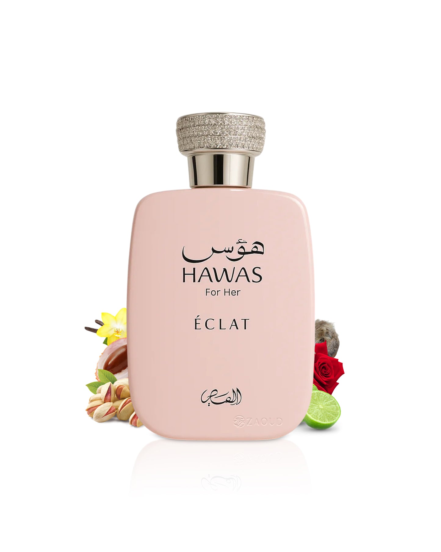 Perfume bottle labeled 'Hawas for Her Eclat' with decorative elements like litchie and citrus on a white background