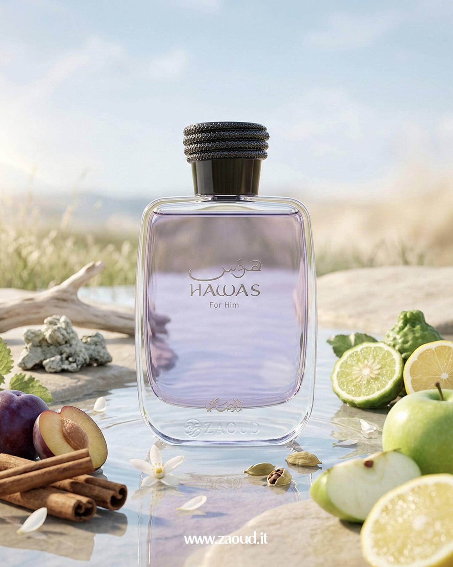 Rasasi Hawas For Him perfume bottle with apple, lemon, plum, and cinnamon representing a fresh aquatic fruity men’s fragrance.