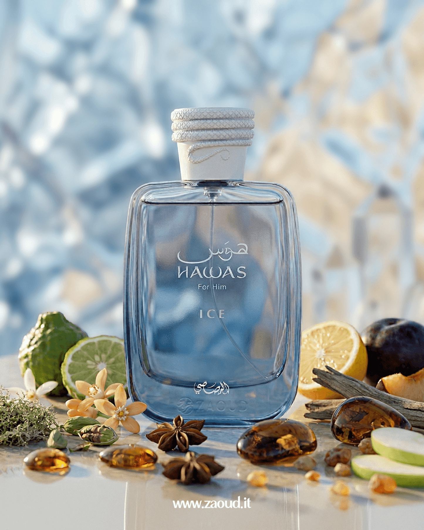Rasasi Hawas Ice perfume bottle with citrus fruits, bergamot, and star anise representing a cool aquatic citrus fragrance.