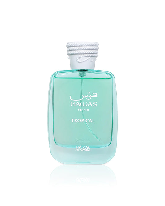rasasi hawas tropical Perfume bottle labeled 'Hawas' with 'Tropical' on a white background