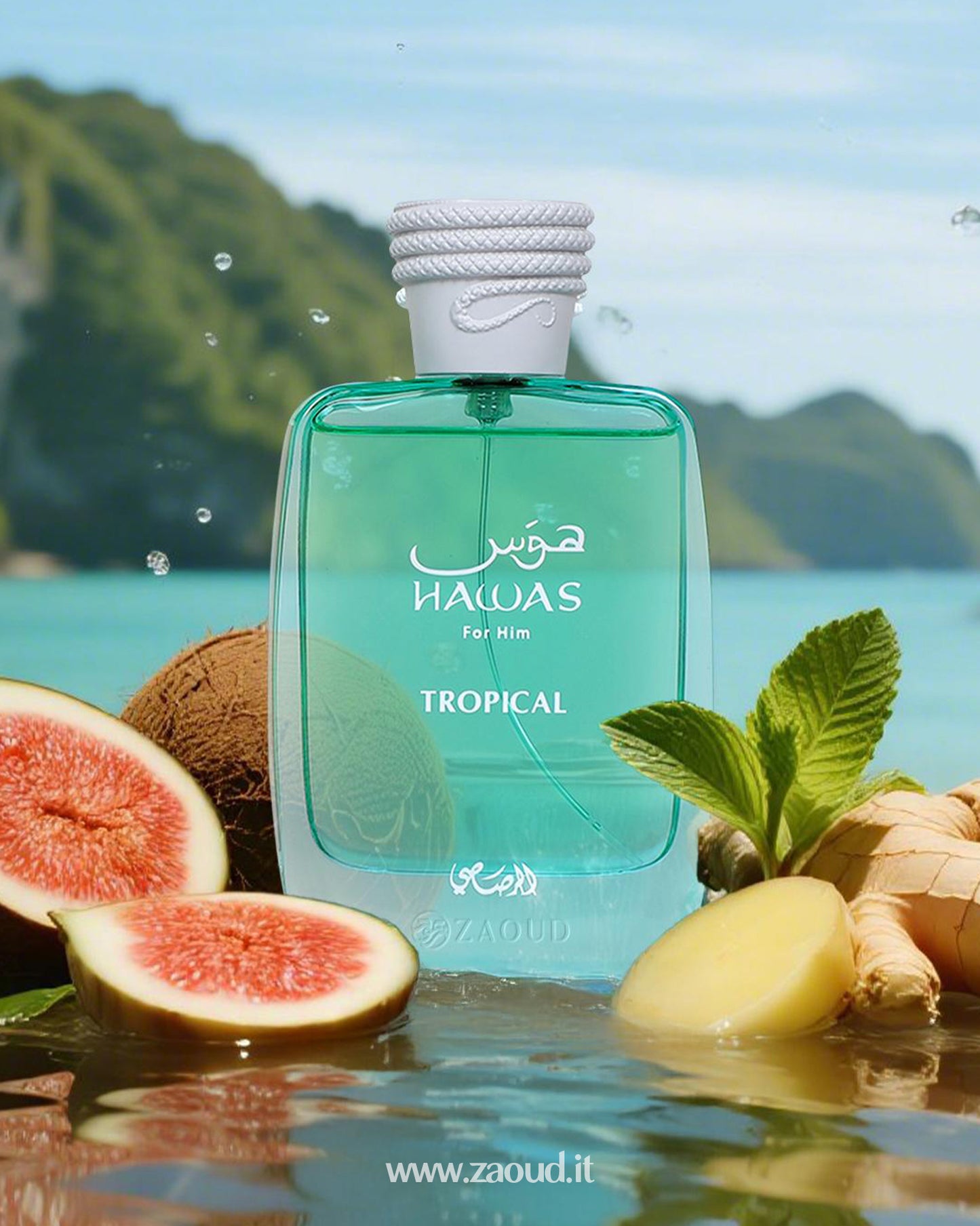A turquoise bottle of 'HAWAS TROPICAL For Him' by Rasasi, set in shallow water against a tropical island background, surrounded by fresh fig halves, coconut, ginger root, and mint leaves.