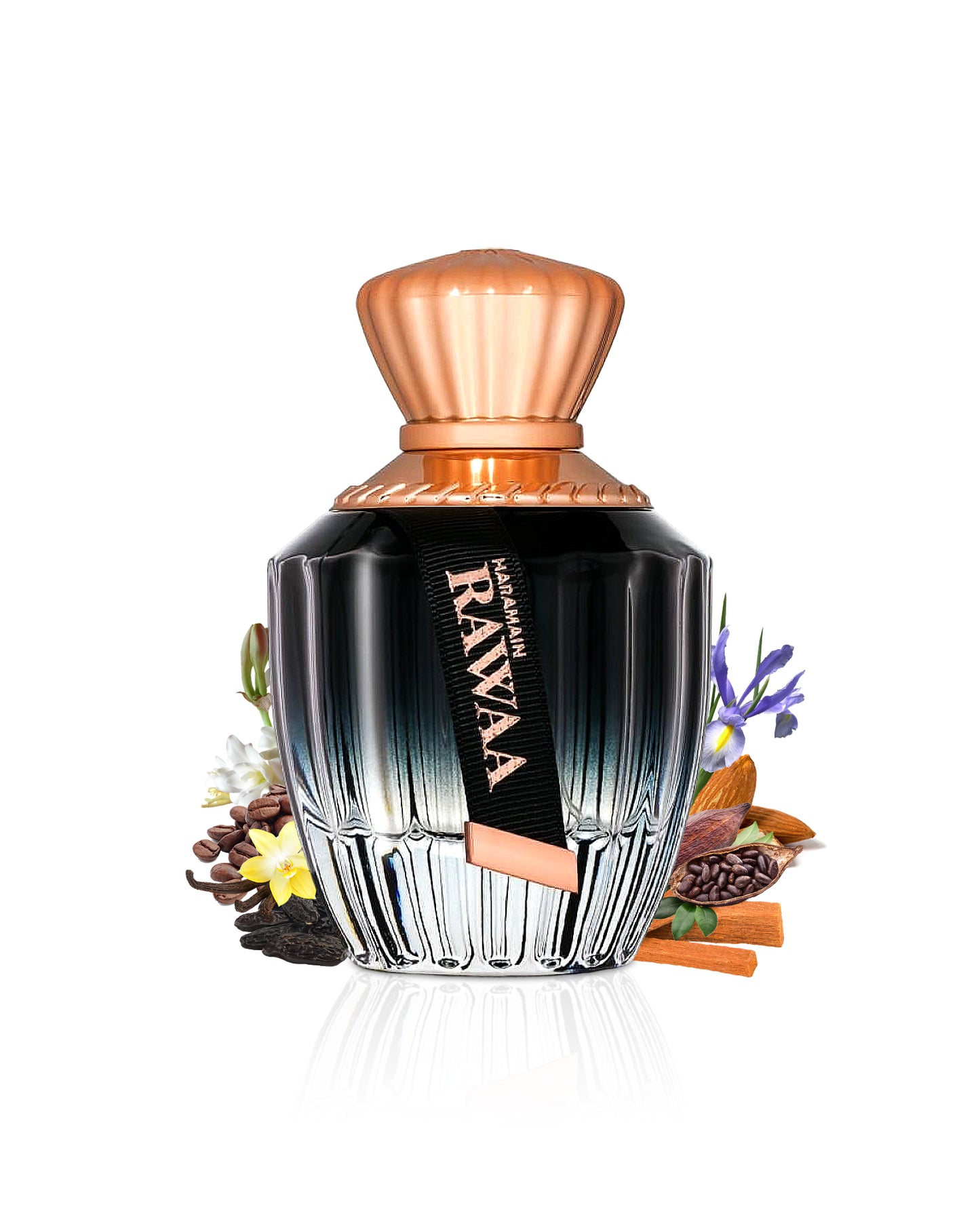 Rawaa by al haramain perfume bottle surrounded with its ingredients like vanilla and coffe with many others shows from behind the bottle against white background