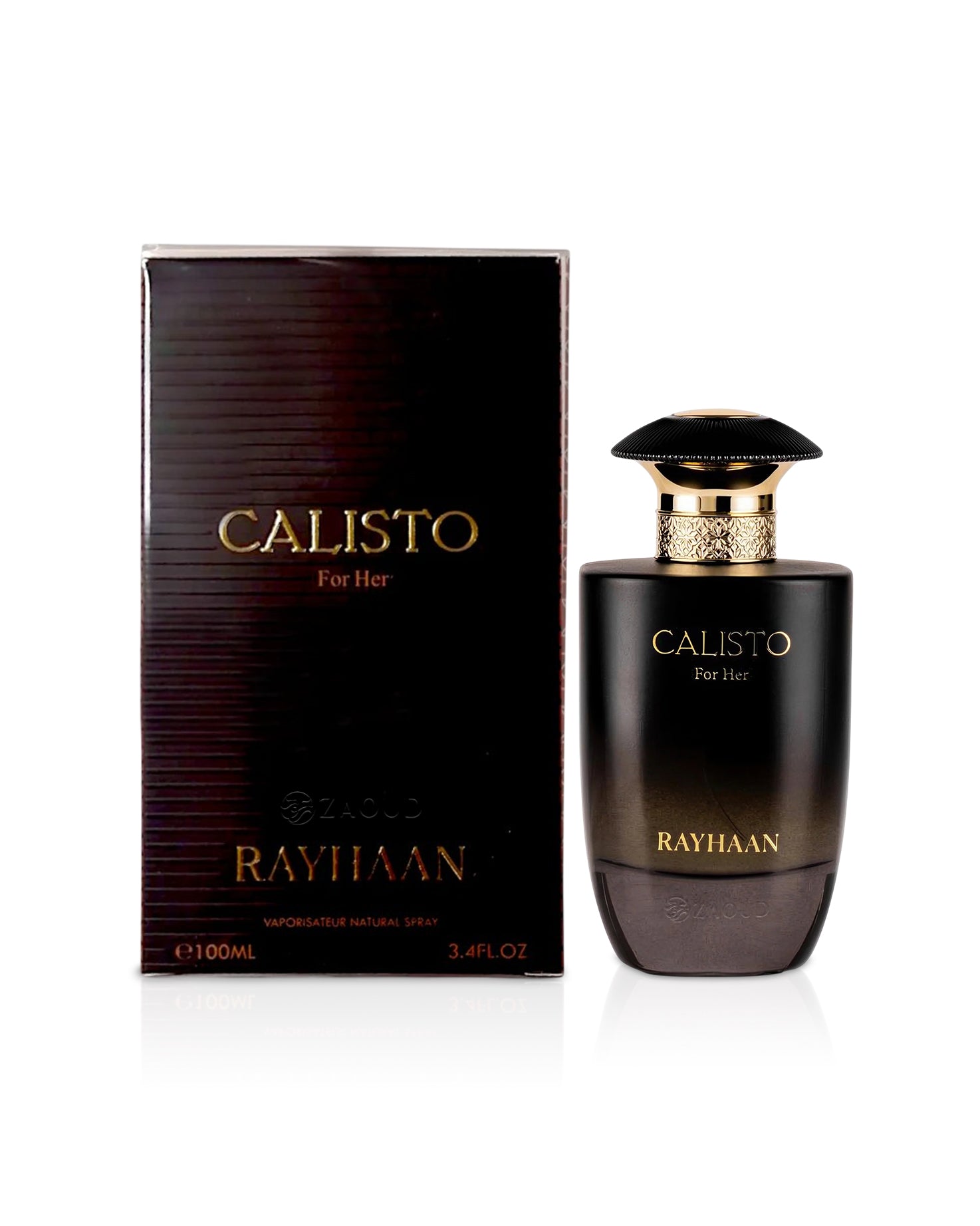 rayhaan calisto black for her perfume bottle and packaging on a white background