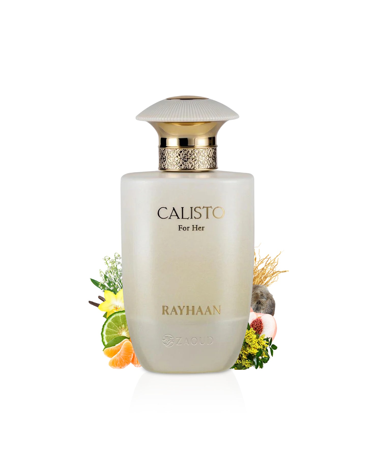 rayhaan calisto for her Perfume bottle labeled 'Calistic for Her' by 'Rayhaan' with decorative elements like peach and orange  on a white background