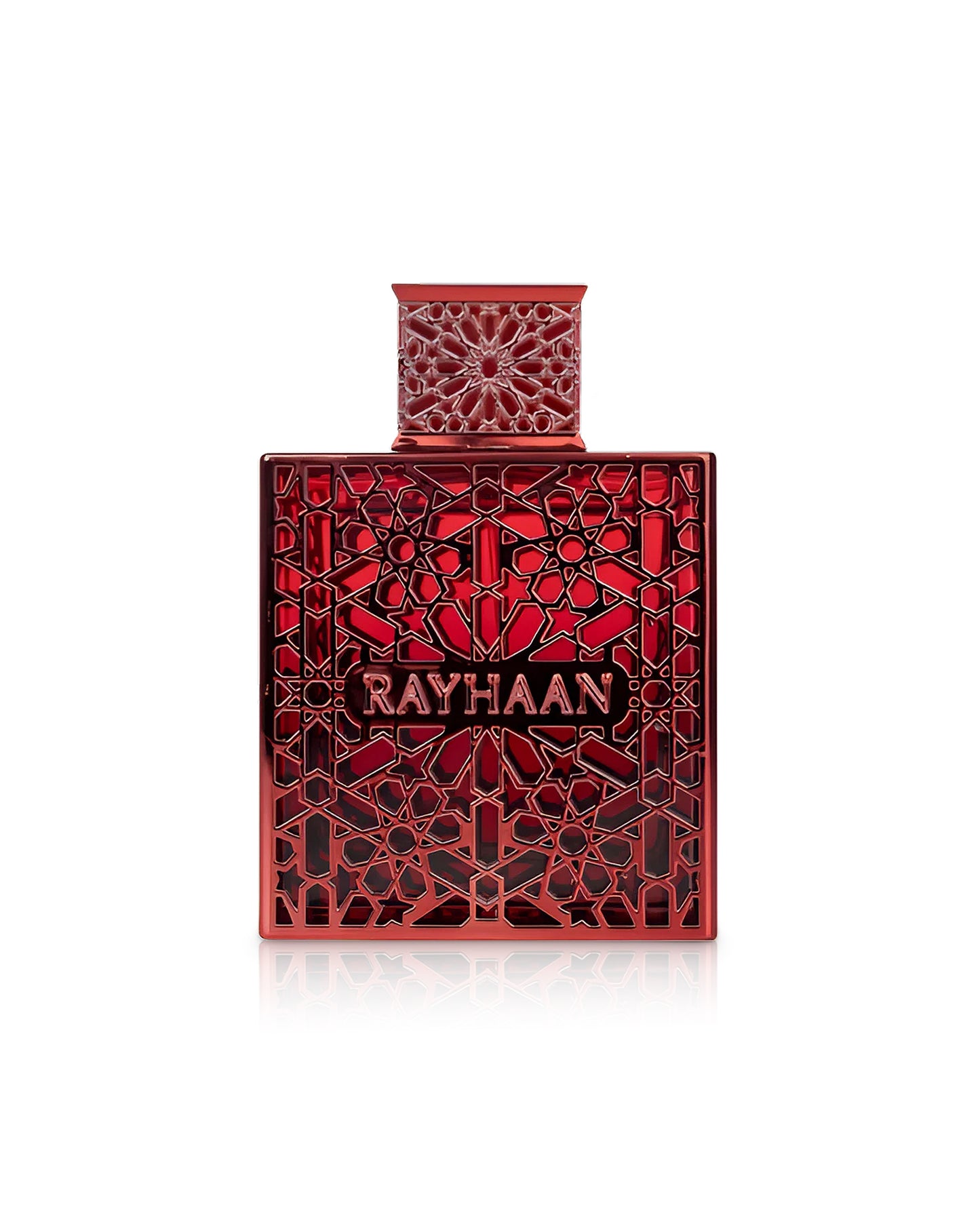 rayhaan crimson perfume bottle shows against whit ebackground