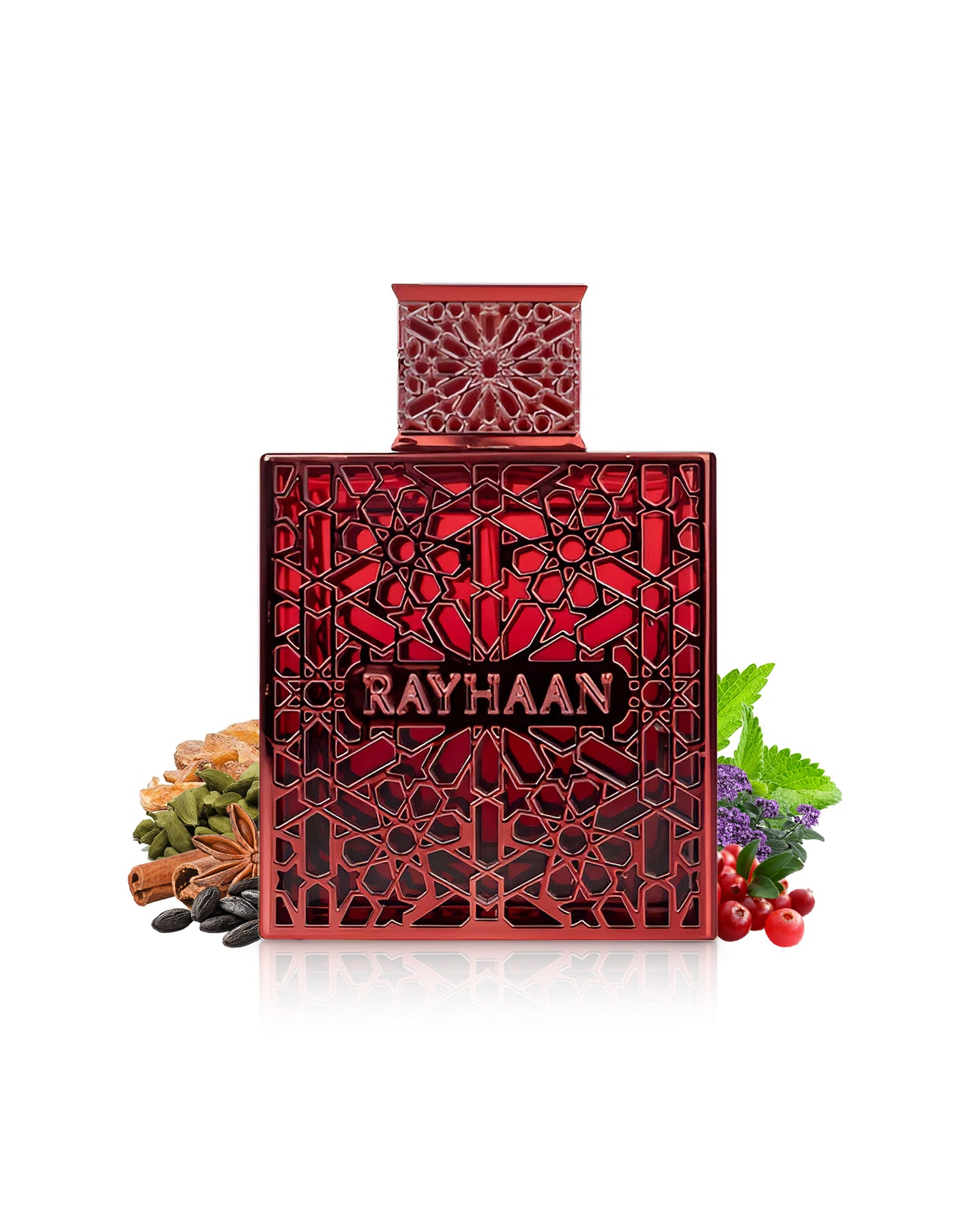 rayhaan crimson perfume bottle surrounded with fragrance notes like spices shows against whit ebackground