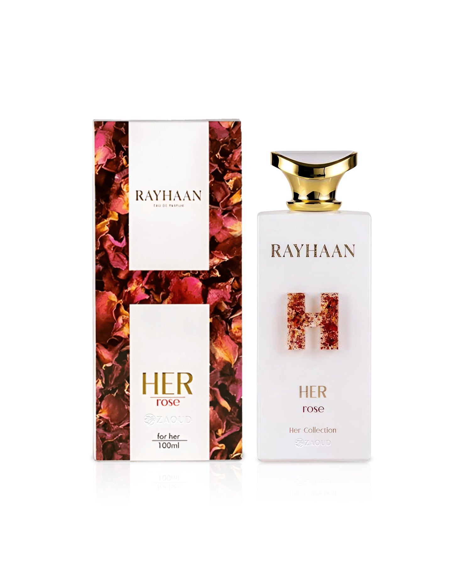 rayhaan her rose perfume bottle and packaging on a white background