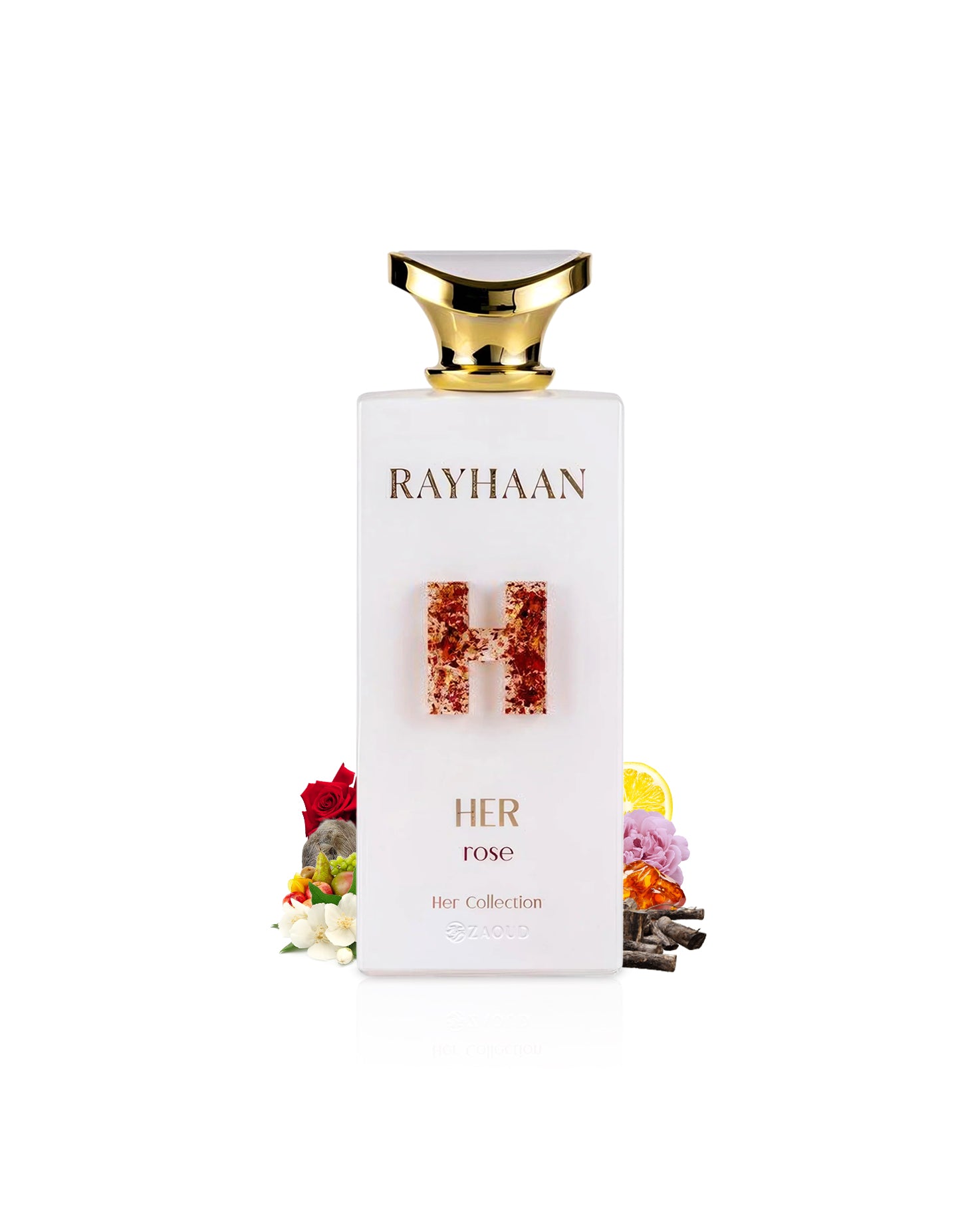 Rayhaan Her Rose perfume bottle with flowers on a white background