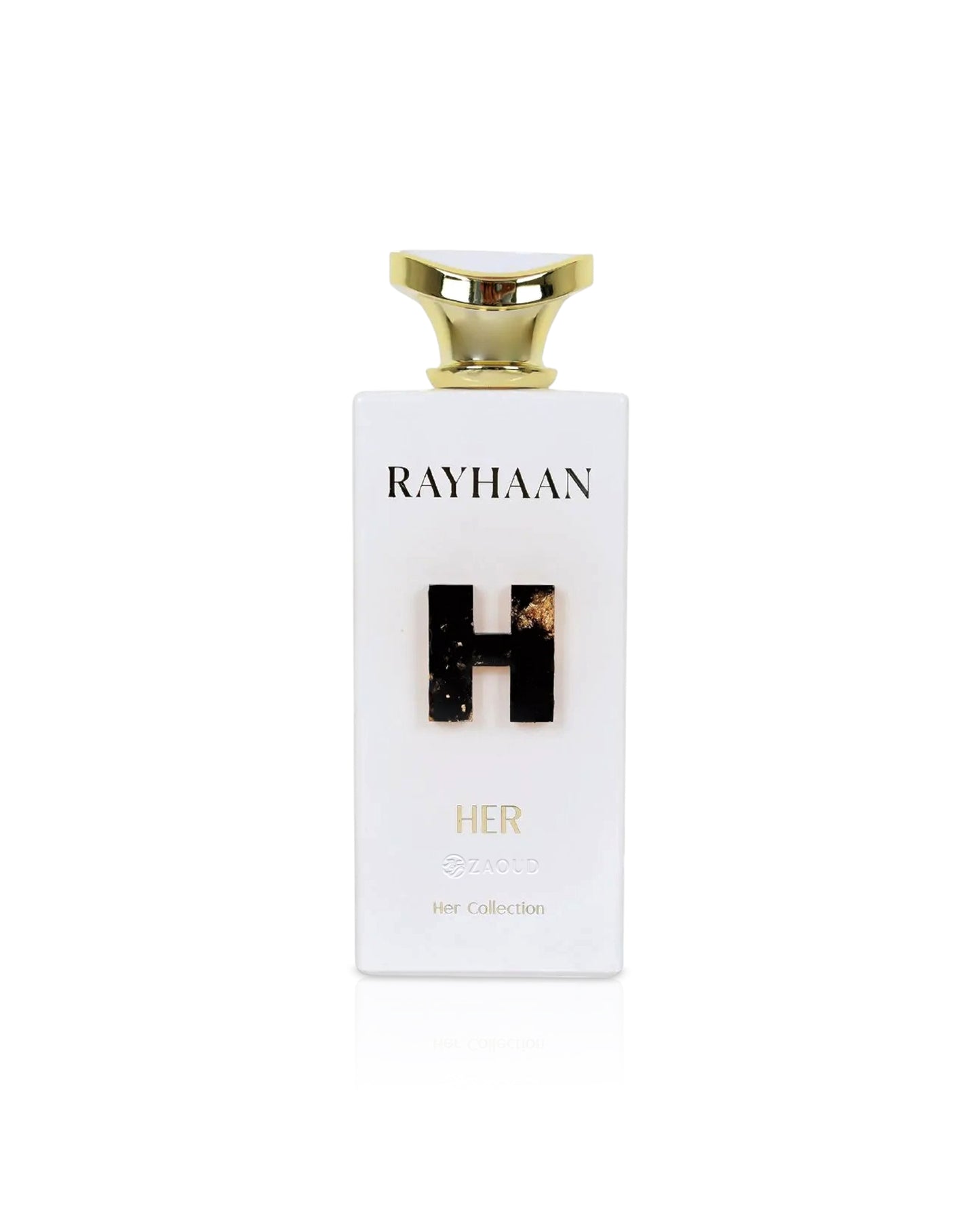 Perfume bottle with 'RAYHAAN her' branding on a white background