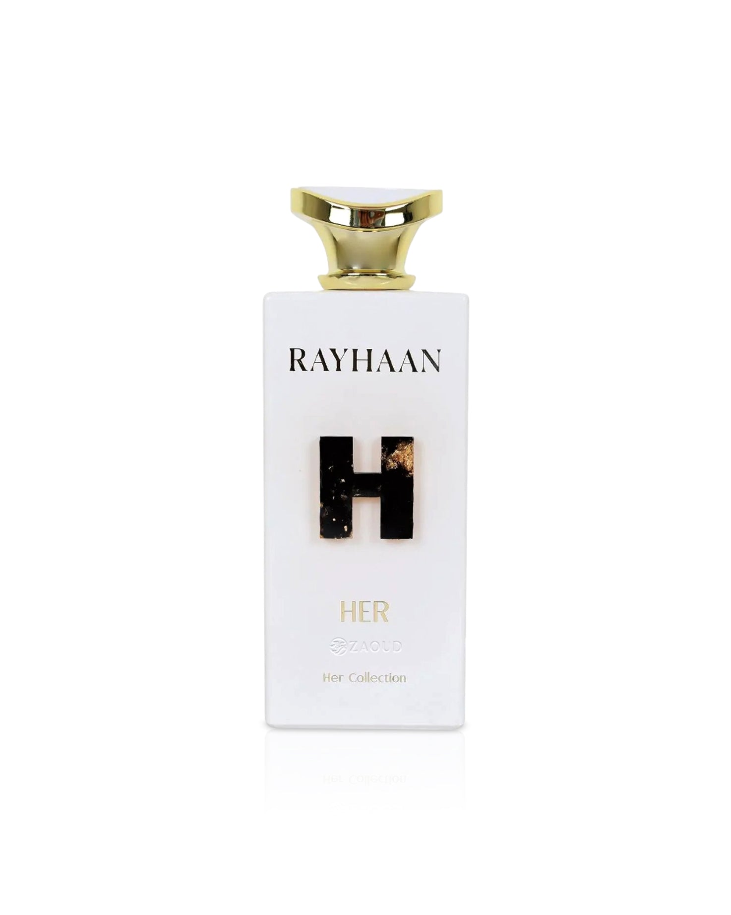Perfume bottle with 'RAYHAAN her' branding on a white background