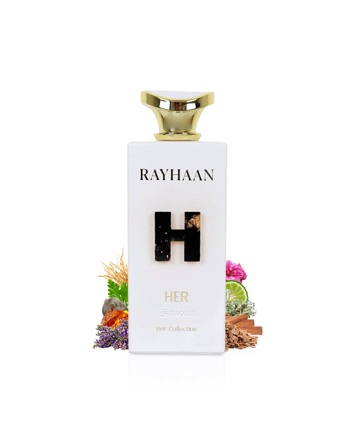 Rayhaan Her perfume bottle with 'H' on a white background