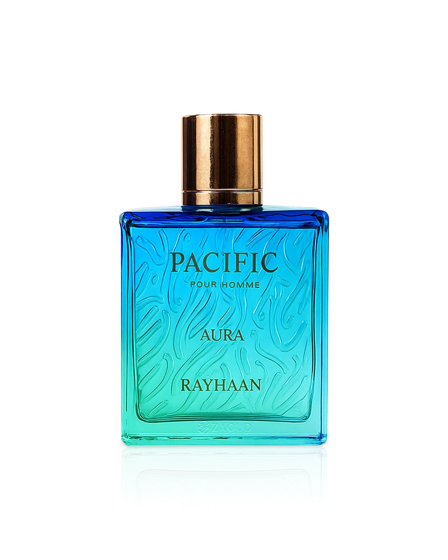 Blue perfume bottle with gold cap labeled 'Rayhaan Pacific Aura' on a white background