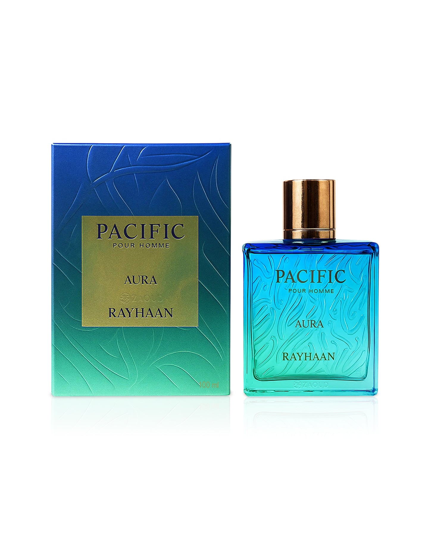 Blue perfume bottle and packaging with 'Rayhaan Pacific Aura' text on a white background