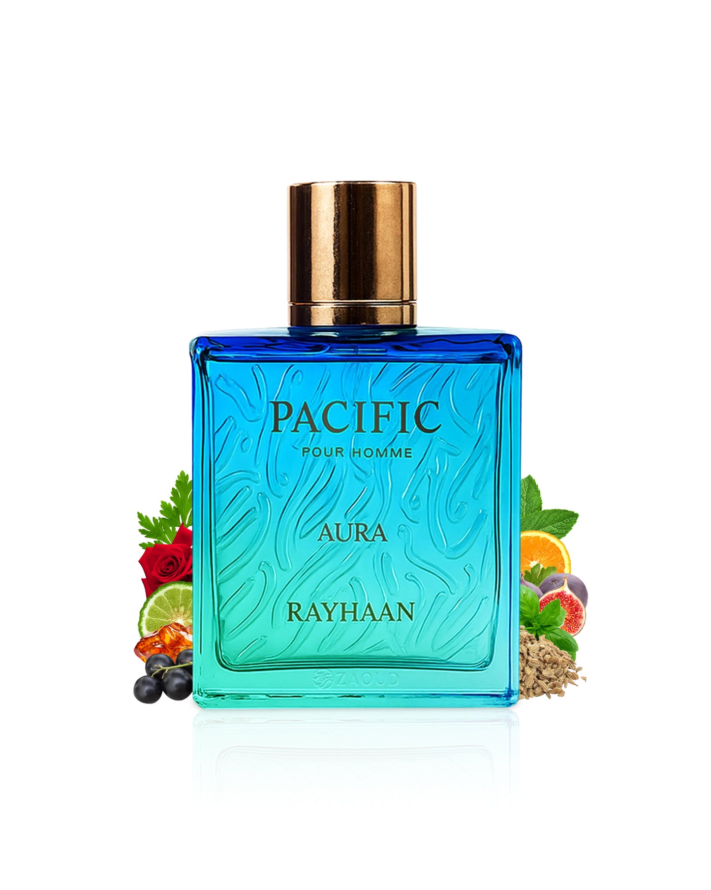 Blue perfume bottle labeled 'Rayhaan Pacific Aura' by Rayhaan on a white background
