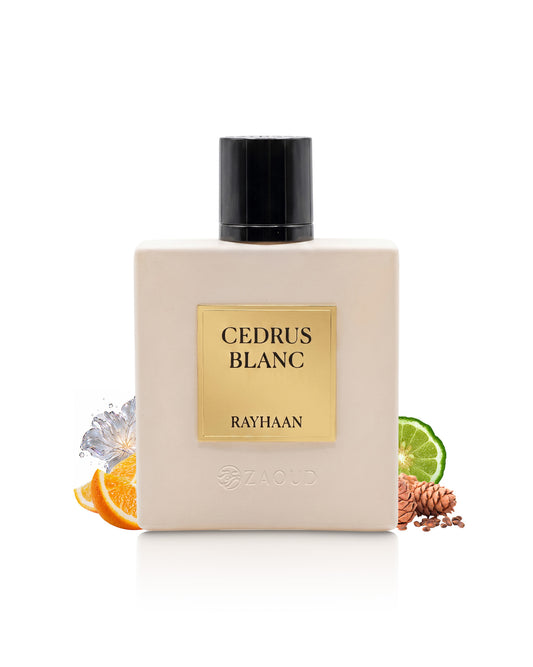 rayhaan cedrus blanc perfume bottle surrounded with fragrance notes like pine and citrus shows against white background