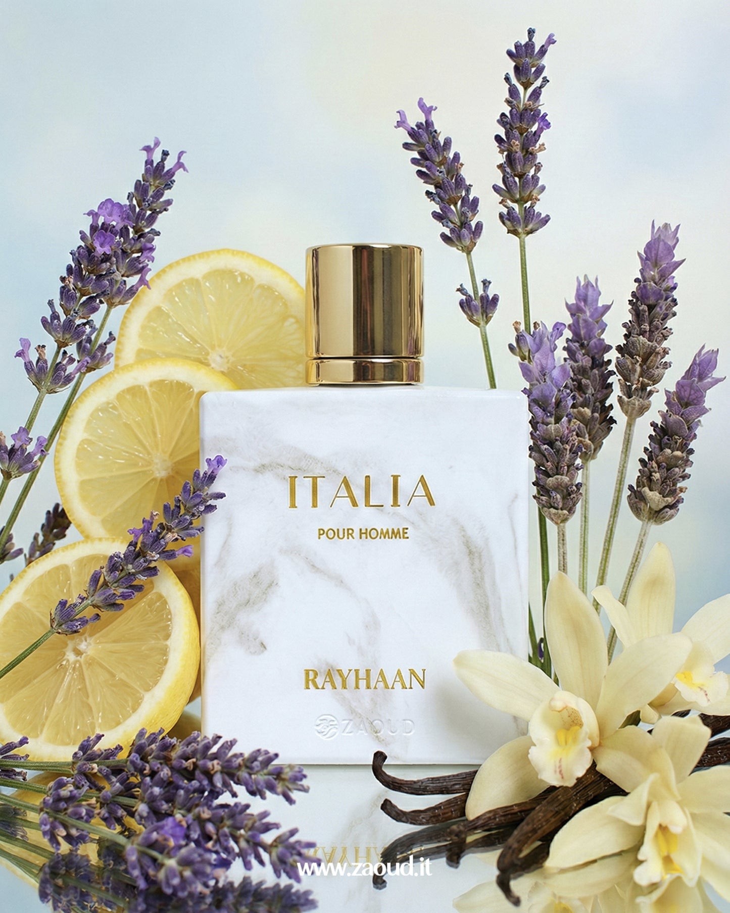 Rayhaan Italia pour Homme perfume with lavender, lemon, and vanilla beans on a light background