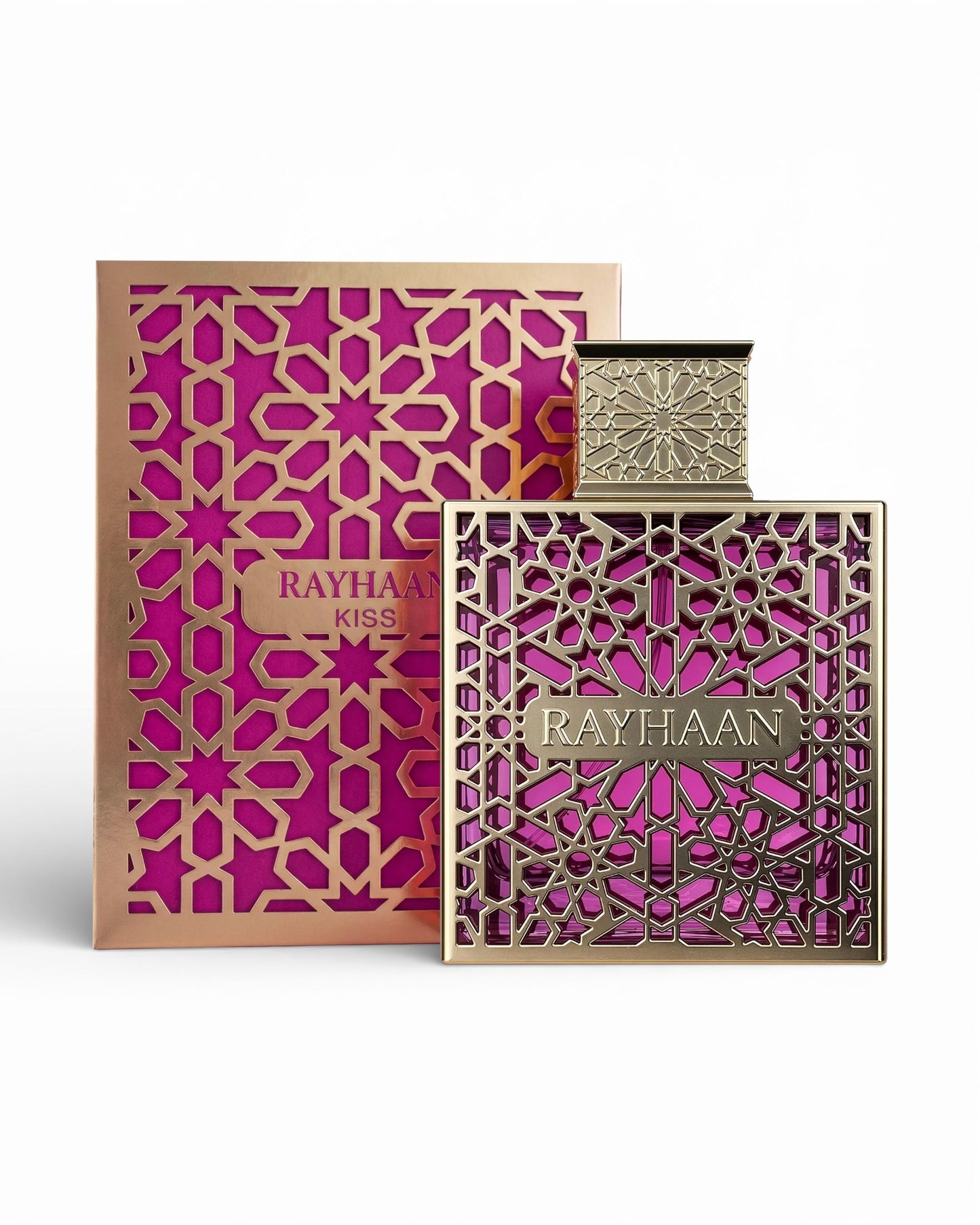 rayhaan kiss perfume bottle shows beside its packaging against white background