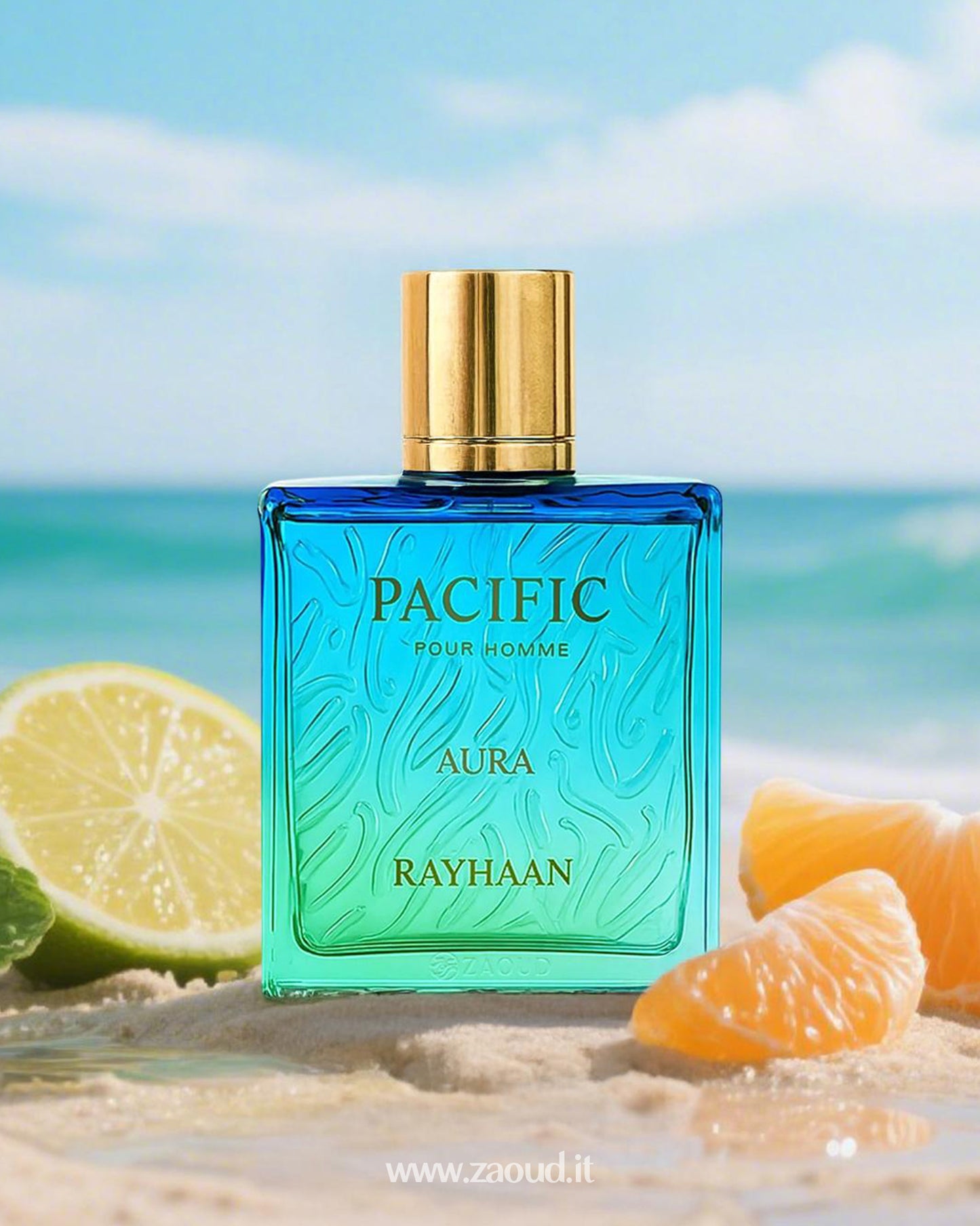 Blue and green gradient perfume bottle of Pacific Aura by Rayhaan placed on sandy beach, surrounded by mint leaves, lime, and orange slices, with ocean waves and palm trees in the background.