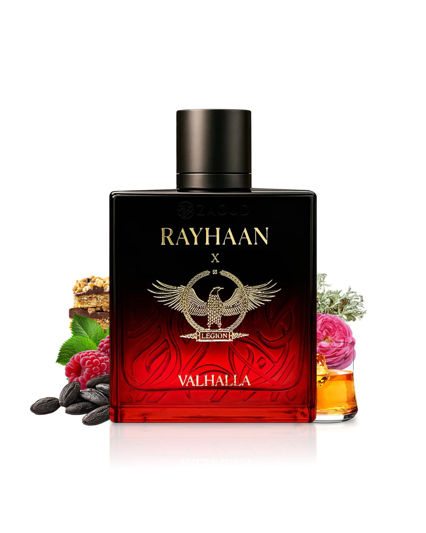 rayhaan valhalla Perfume bottle labeled 'Rayhaan x legion' with decorative elements on a white background