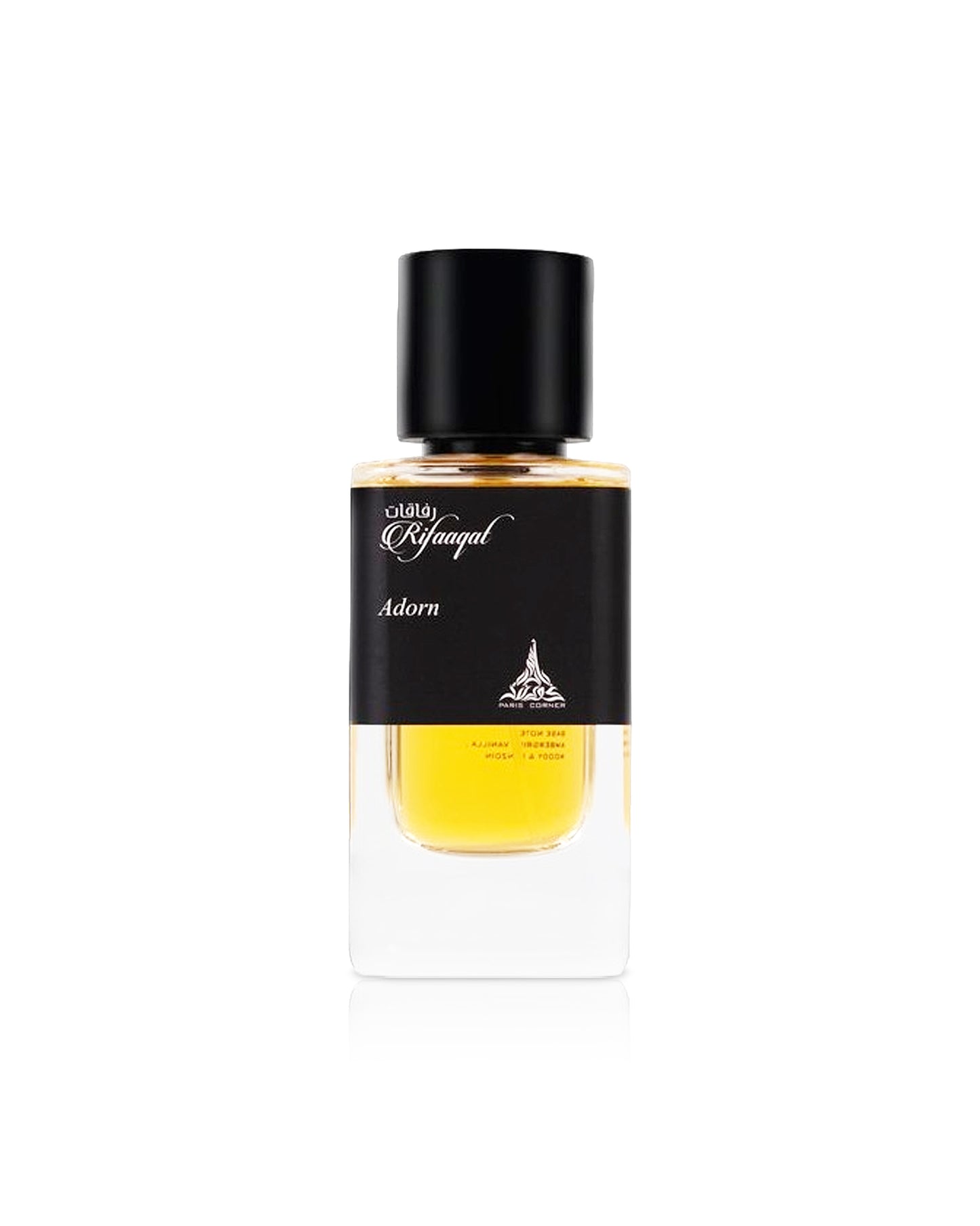 PARIS CORNER RIFAAQAT ADORN Perfume bottle with black cap and yellow liquid on a white background