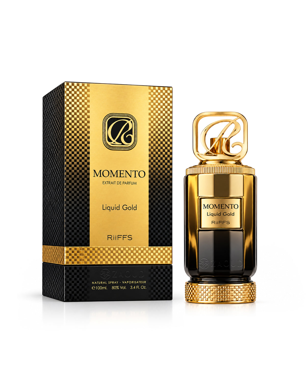 Riiffs momento liquid gold perfume bottle perfume next to its black and gold packaging box, set against a plain white background.