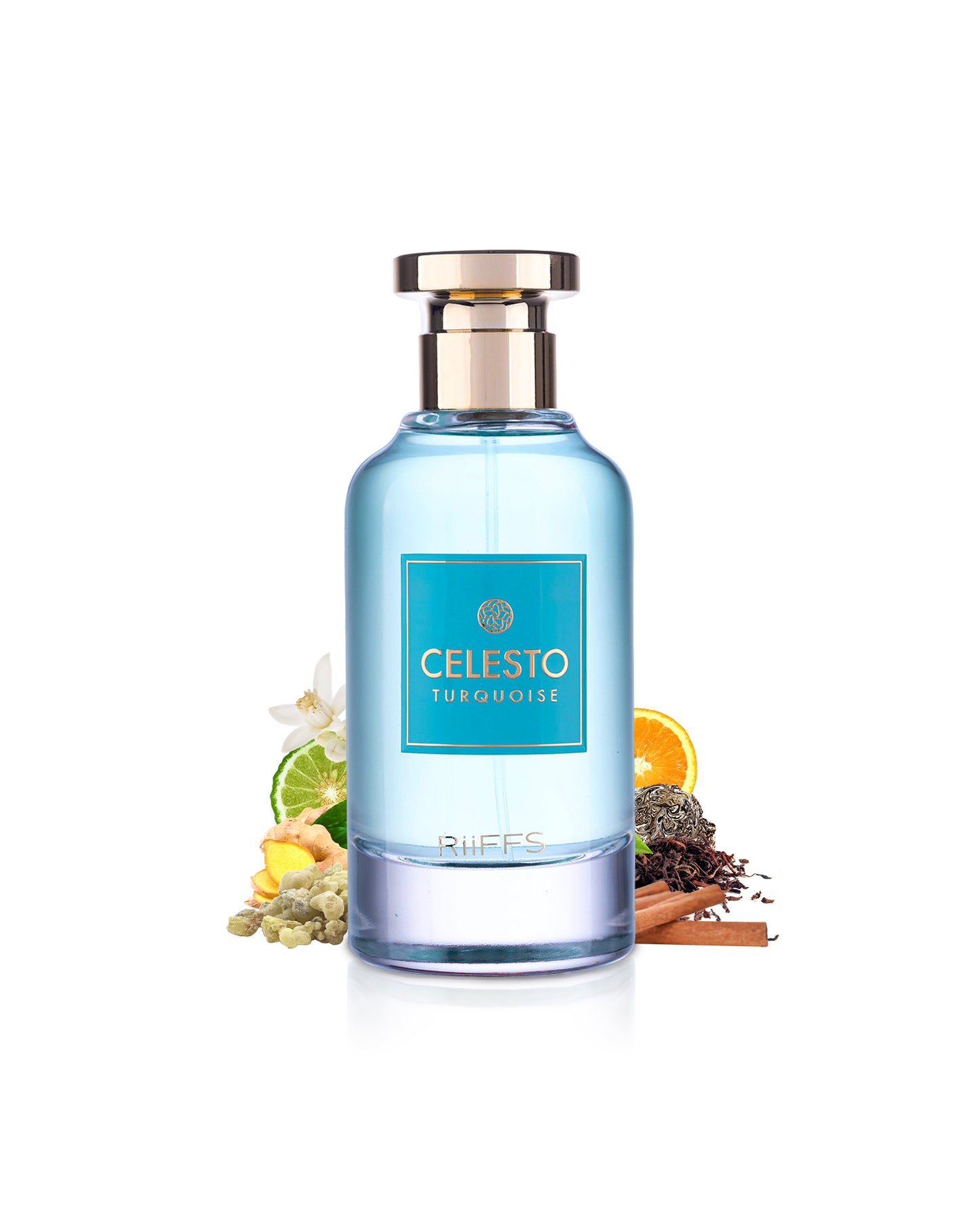 riiffs celesto turquoise prfume bottle surrounded with its ingredients like ginger and chinese tea shows from behind the bottle against white background