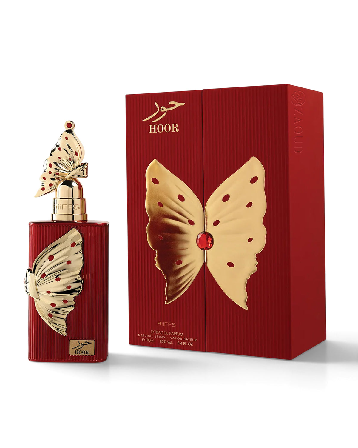 riiffs hoor perfume bottle shows beside its packaging against white background