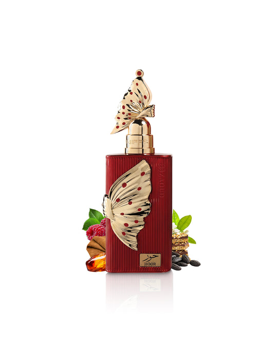 riiffs hoor perfume bottle surrounded with fragrance notes like amber and tonka shows against white background