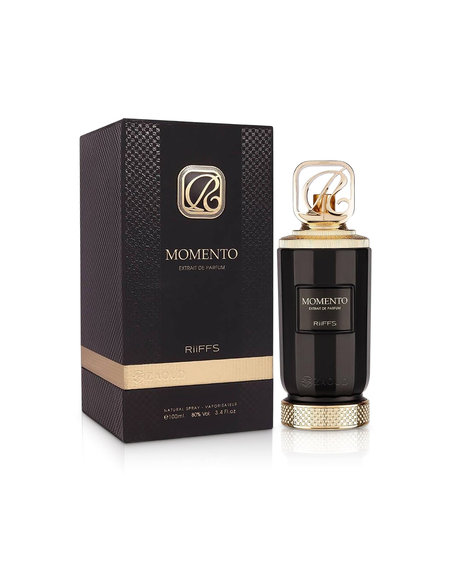 riiffs momento perfume bottle shows beside its box against white background