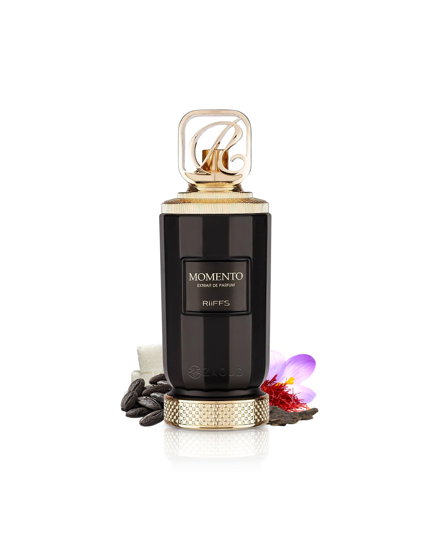 riiffs momento perfume bottle surrounded with fragrance notes like tonka and saffron shows against white background