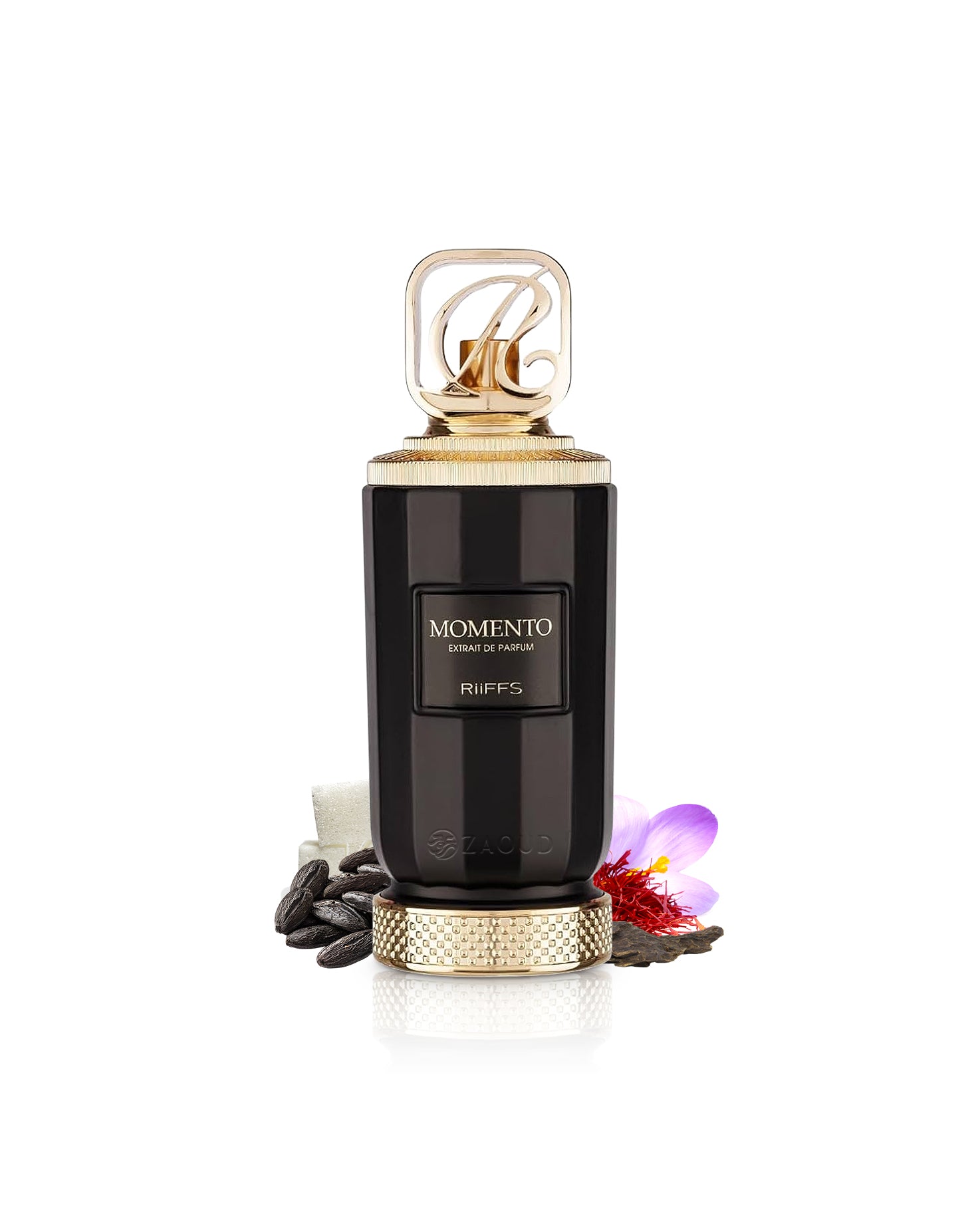 riiffs momento perfume bottle surrounded with fragrance notes like tonka and saffron shows against white background