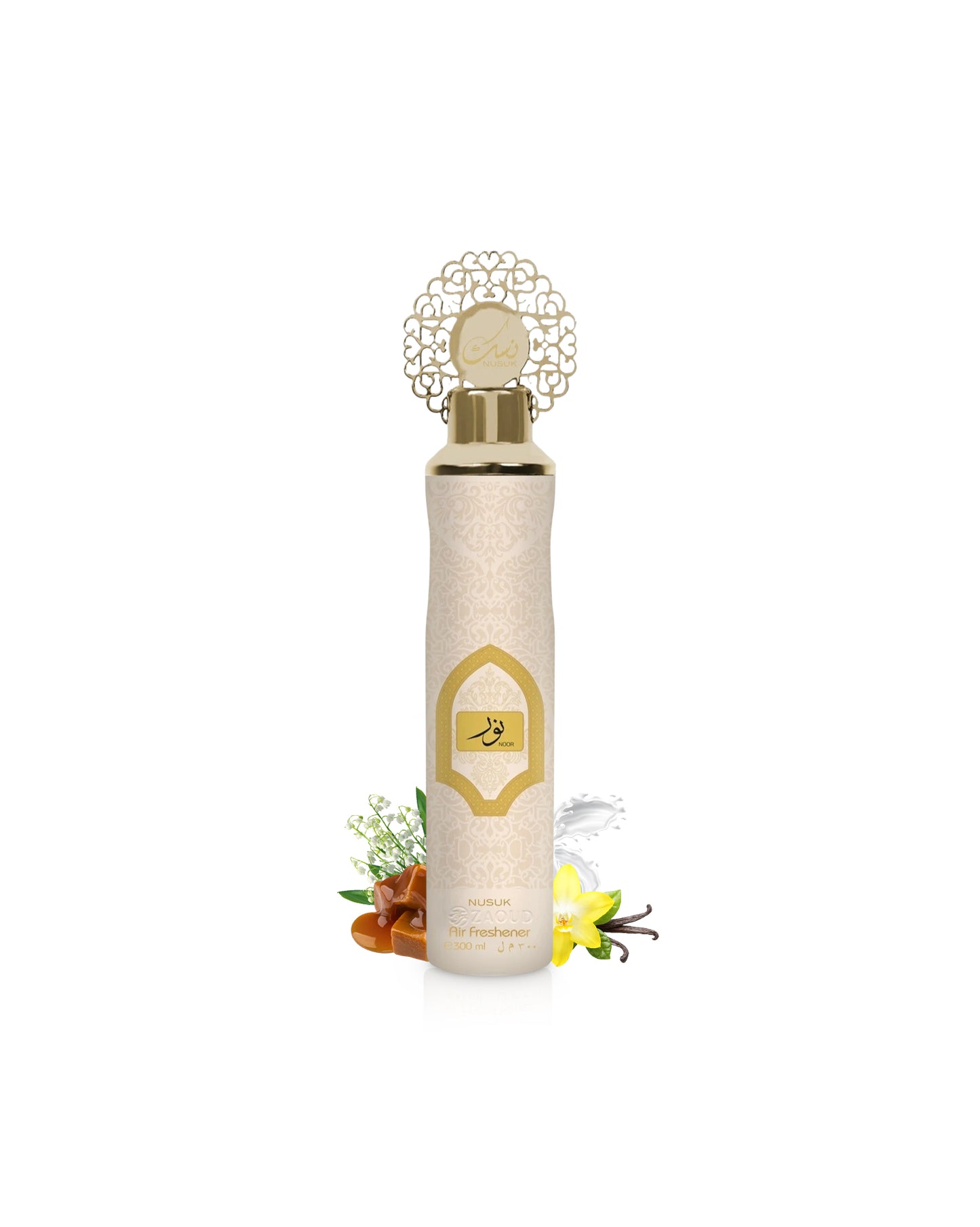 riiffs noor airfreshner Decorative bottle with gold accents like caramel and vanilla on a white background