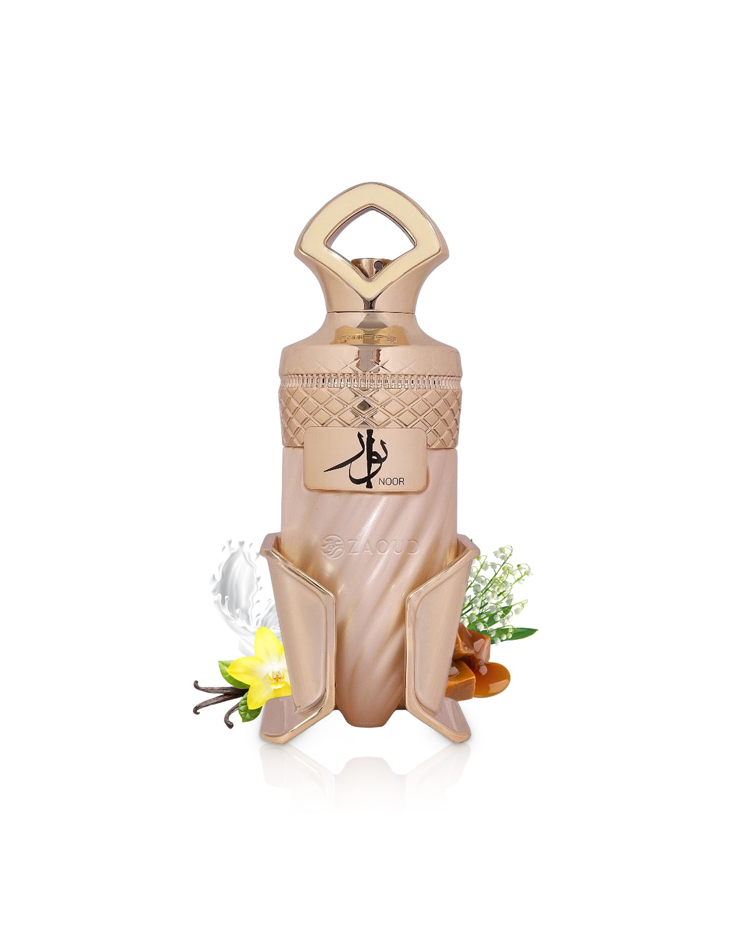 Riiffs noor perfume bottle surrounded with fragrance notes like vanilla and caramel shows against white background