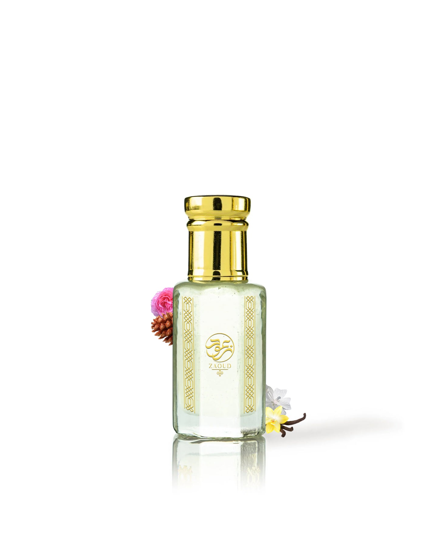 rovina perfume oil bottle surrounded with fragrance notes like vanilla and rose from behind the botlle against white background