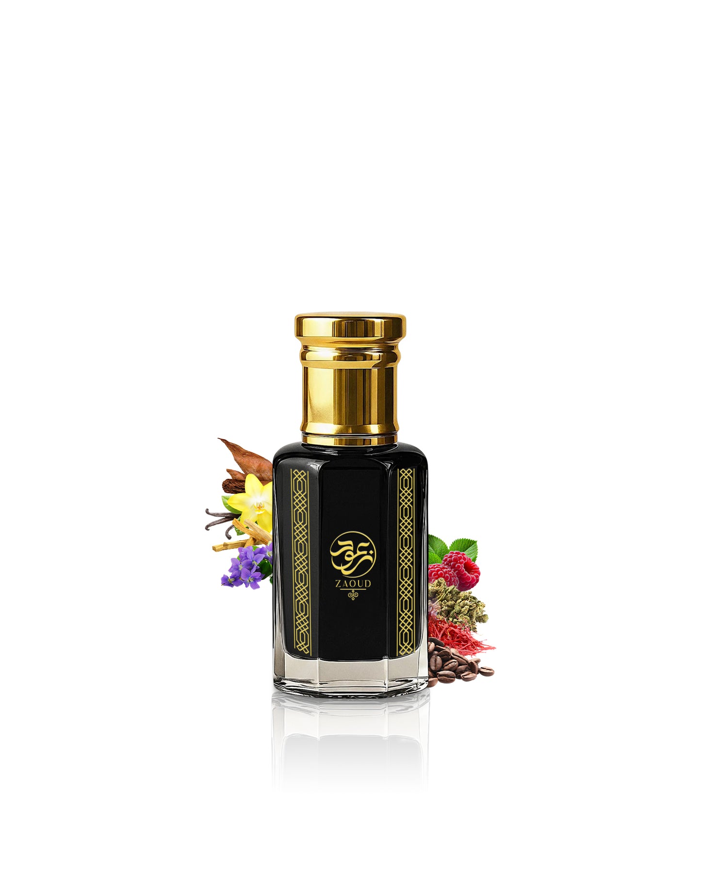 A black glass sabbah perfume oil bottle with a shiny gold cap and gold decorative patterns on the sides, surrounded by small colorful botanical illustrations on a white background.