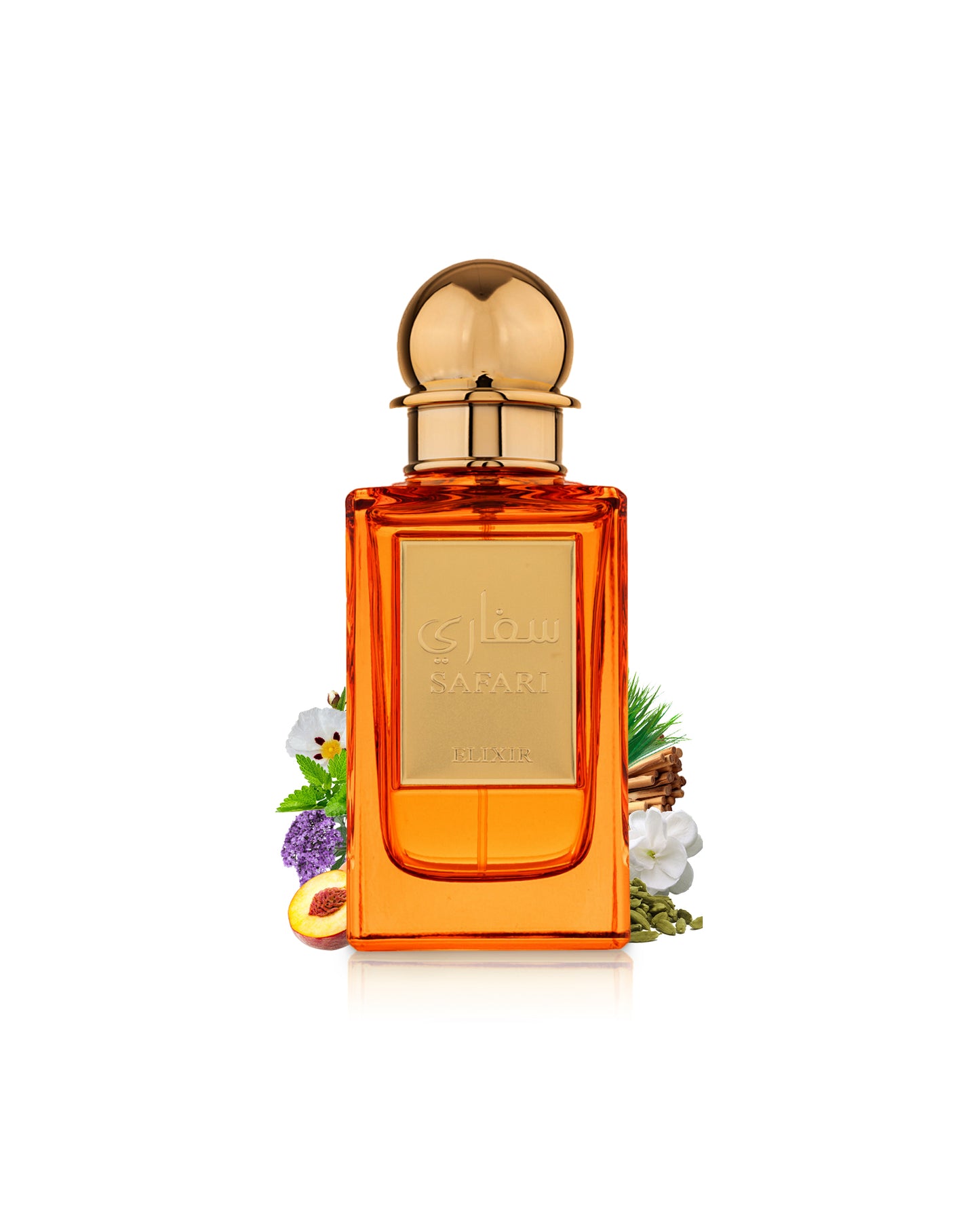 safari elixir by fragrance world bottle surrounded with its ingredients like peach and jasmine with many others shows from behind the bottle against white background