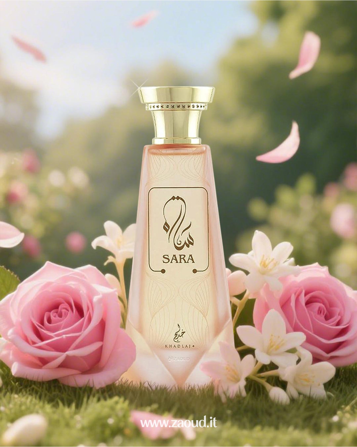 Khadlaj Sara perfume bottle with elegant design, surrounded by pink roses and white flowers on a lush green background, capturing the essence of a luxurious Arabian fragrance.