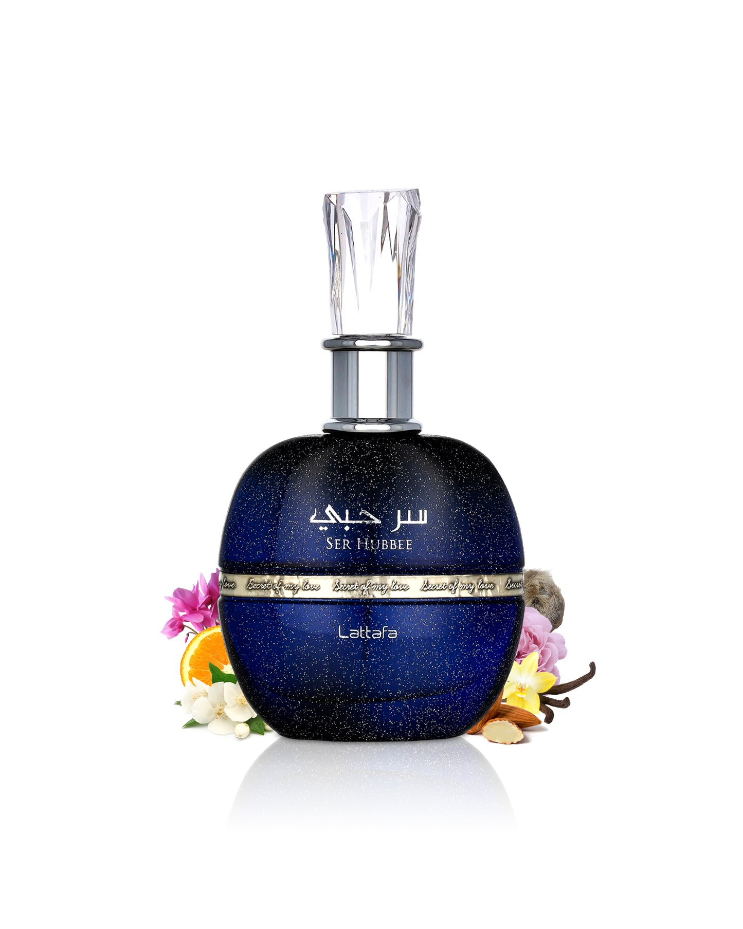 Lattafa ser hubbee Blue perfume bottle with floral elements like jasmine and almond on a white background